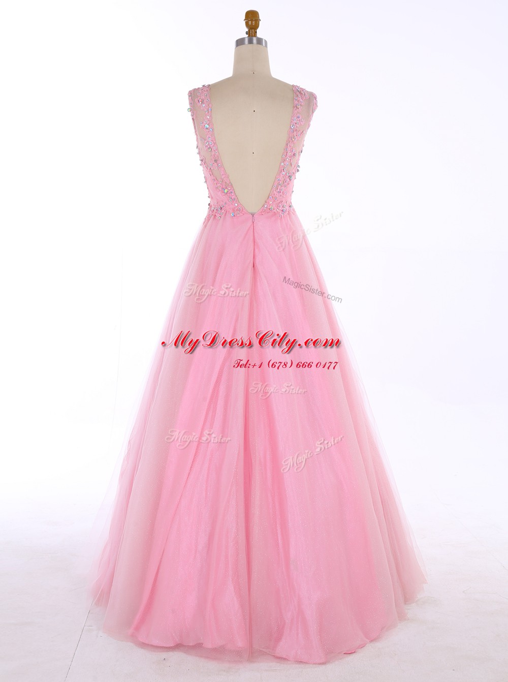 Custom Design Satin Scoop Sleeveless Backless Beading and Appliques Prom Dress in Baby Pink