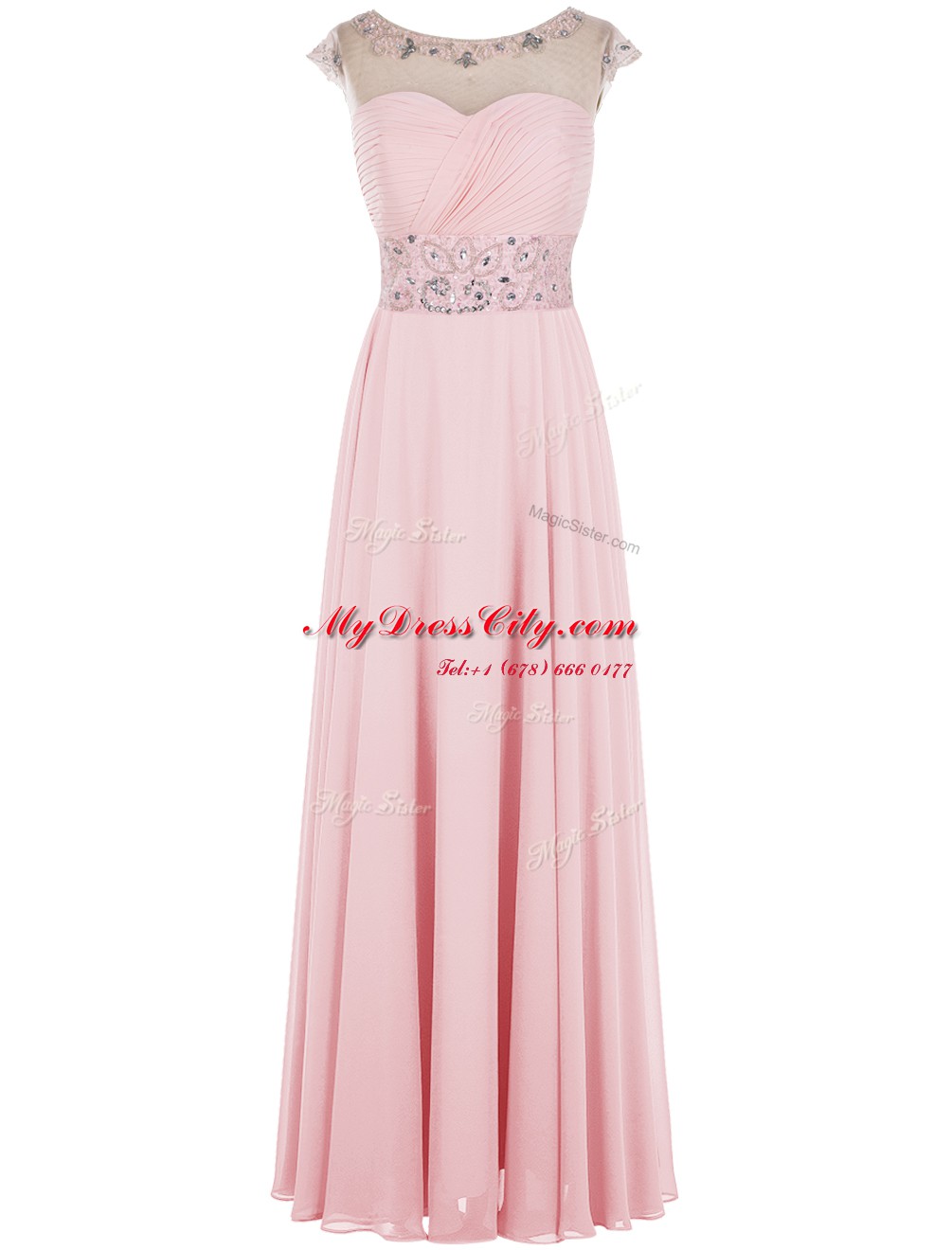 Exquisite Scoop Sleeveless Zipper Prom Party Dress Baby Pink Chiffon