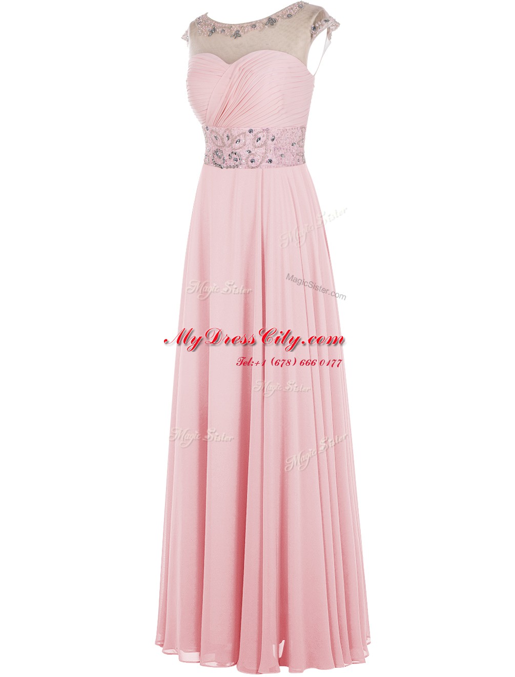 Exquisite Scoop Sleeveless Zipper Prom Party Dress Baby Pink Chiffon