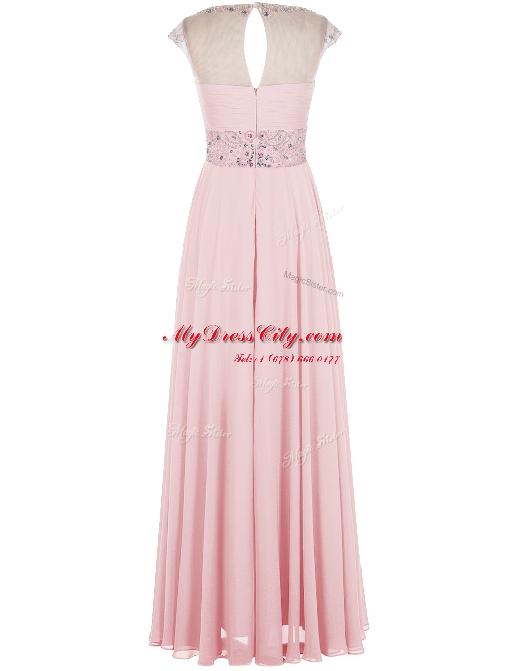 Exquisite Scoop Sleeveless Zipper Prom Party Dress Baby Pink Chiffon