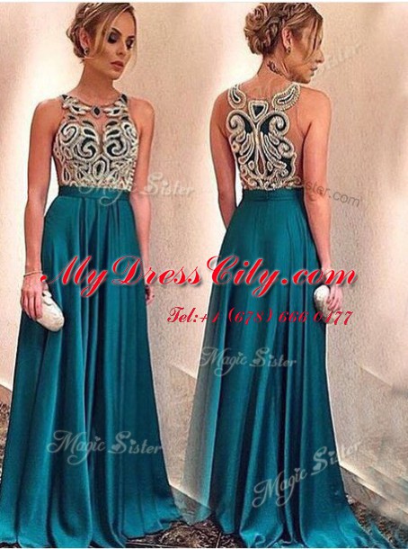 Elegant Floor Length Teal Homecoming Dress Scoop Sleeveless Zipper