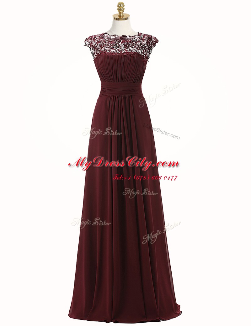 A-line Burgundy Scoop Chiffon Sleeveless Floor Length Zipper