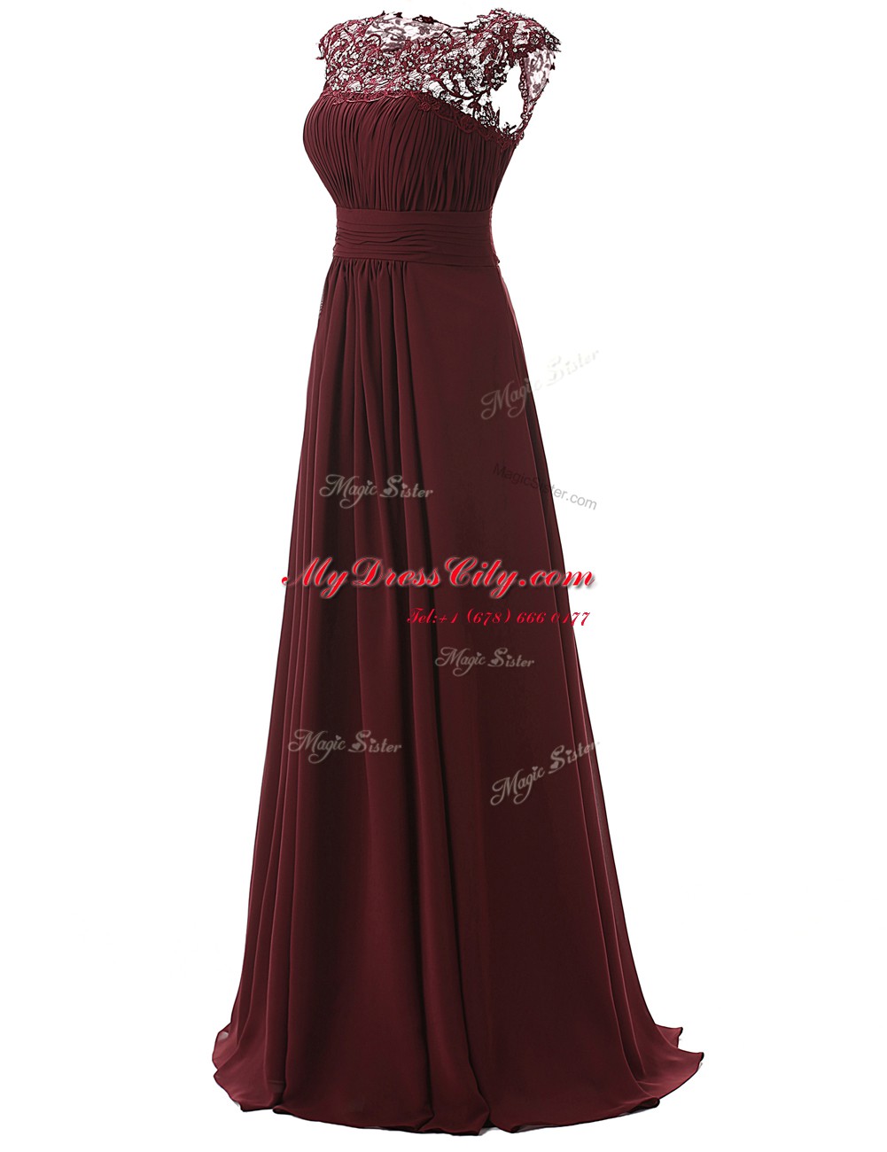 A-line Burgundy Scoop Chiffon Sleeveless Floor Length Zipper