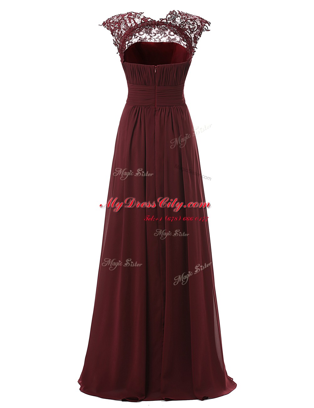 A-line Burgundy Scoop Chiffon Sleeveless Floor Length Zipper