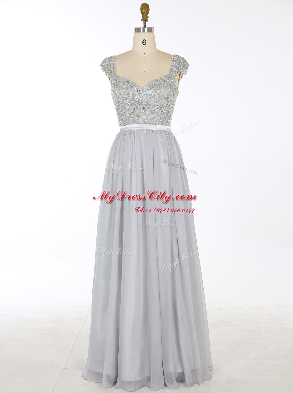 Eye-catching Grey Zipper Prom Dress Beading and Appliques Sleeveless Floor Length