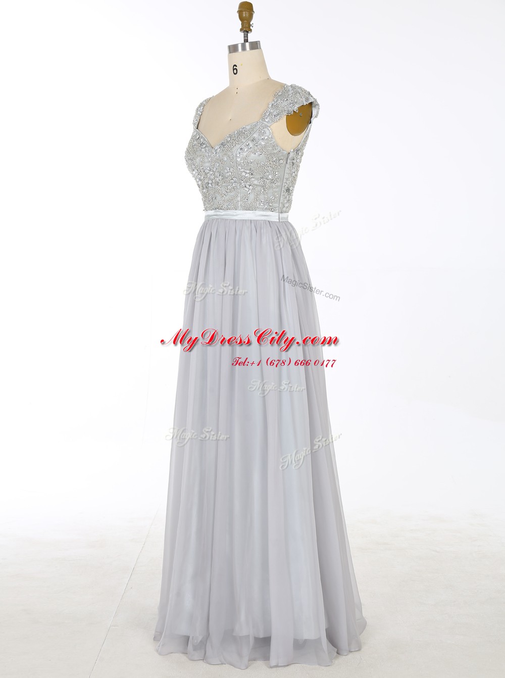 Eye-catching Grey Zipper Prom Dress Beading and Appliques Sleeveless Floor Length