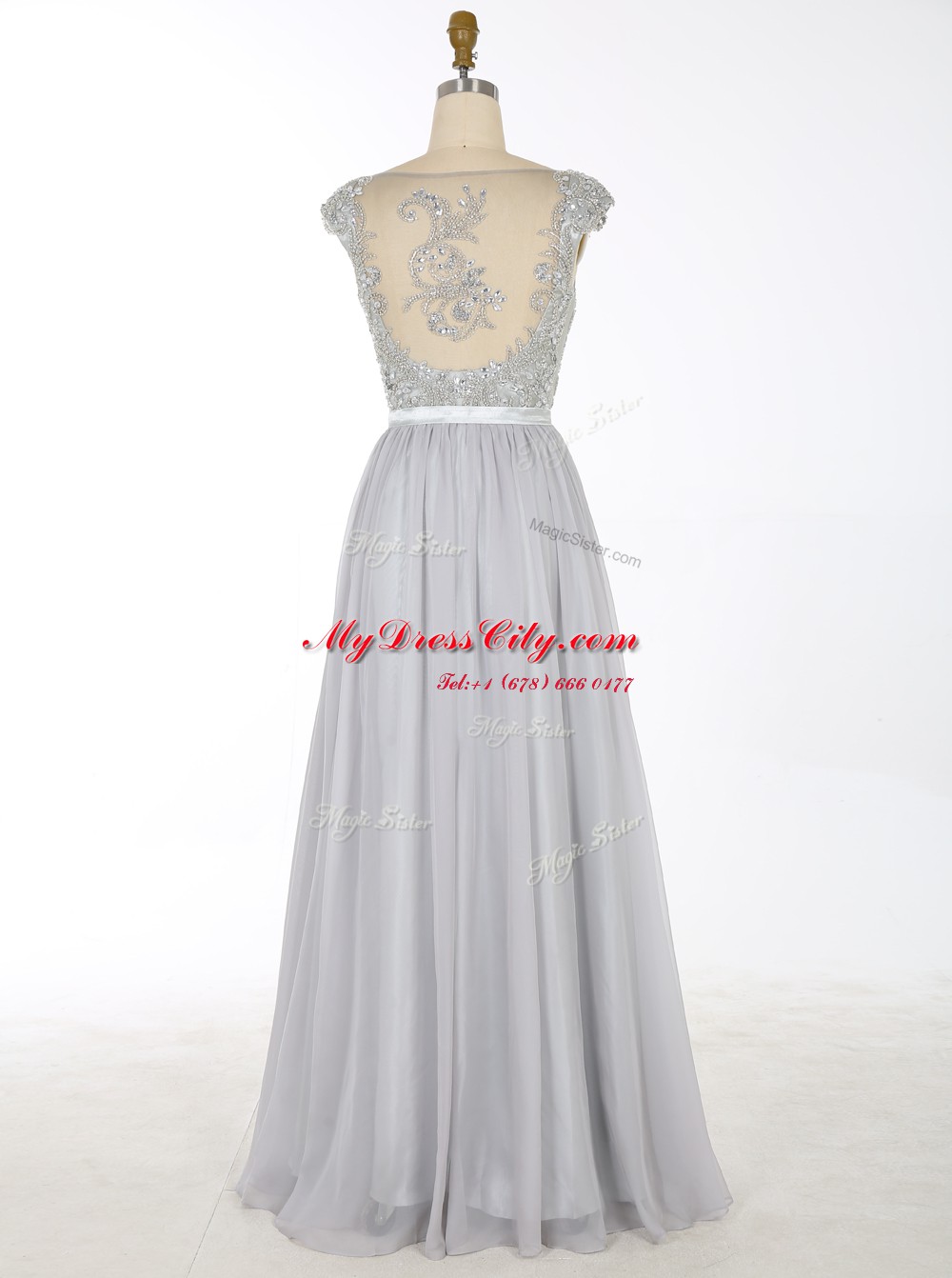 Eye-catching Grey Zipper Prom Dress Beading and Appliques Sleeveless Floor Length