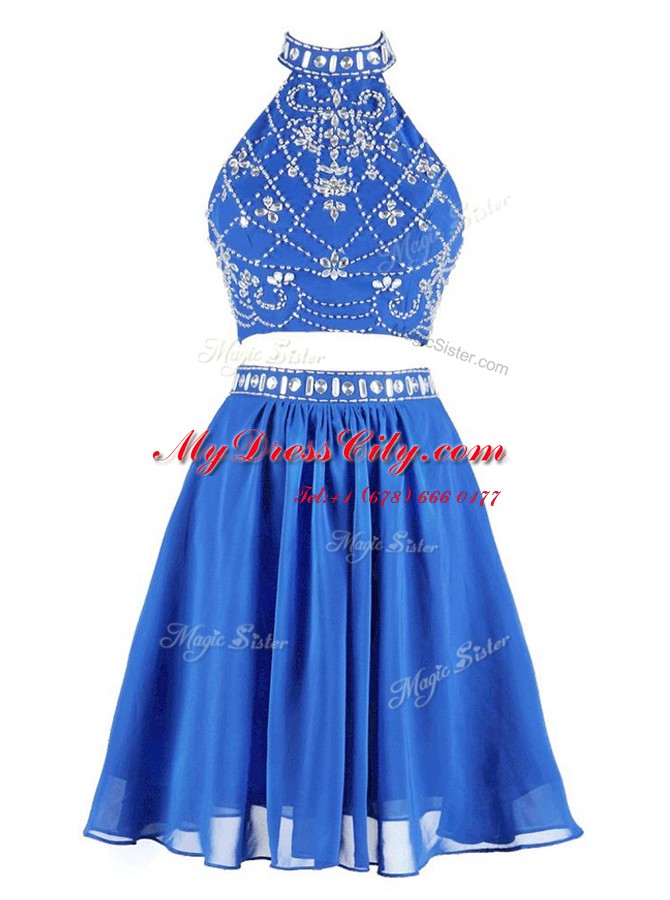 Pretty Blue Sleeveless Beading Mini Length Prom Gown