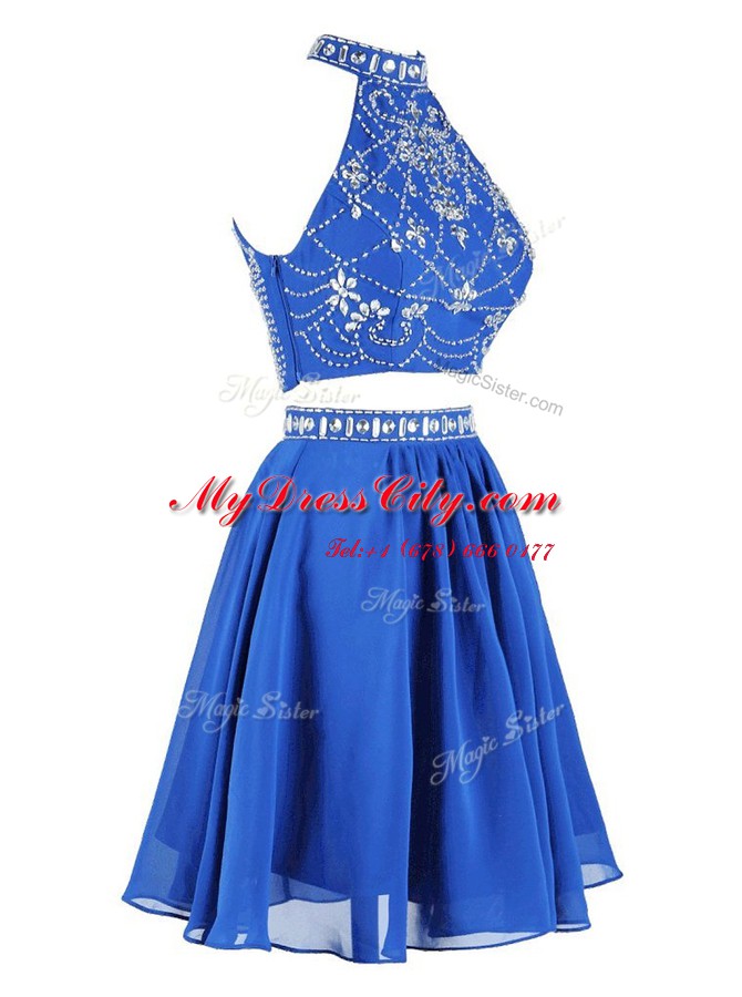 Pretty Blue Sleeveless Beading Mini Length Prom Gown