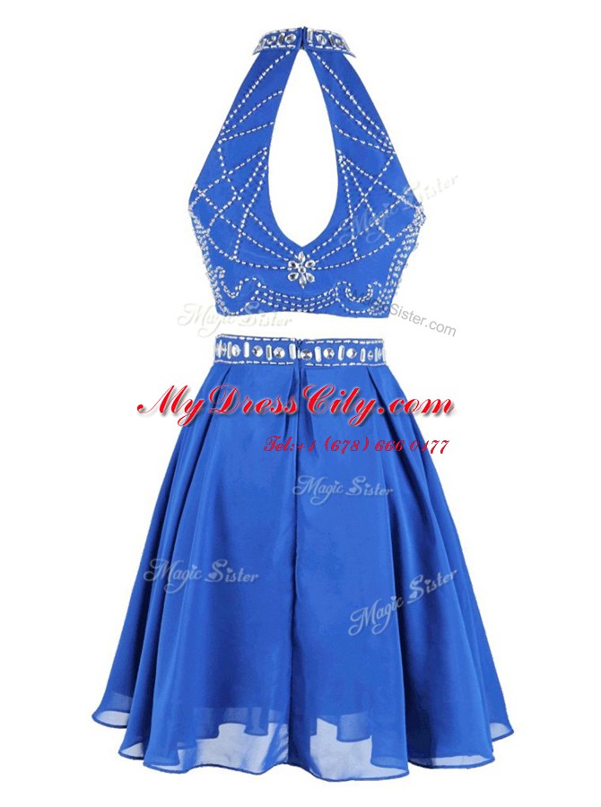 Pretty Blue Sleeveless Beading Mini Length Prom Gown