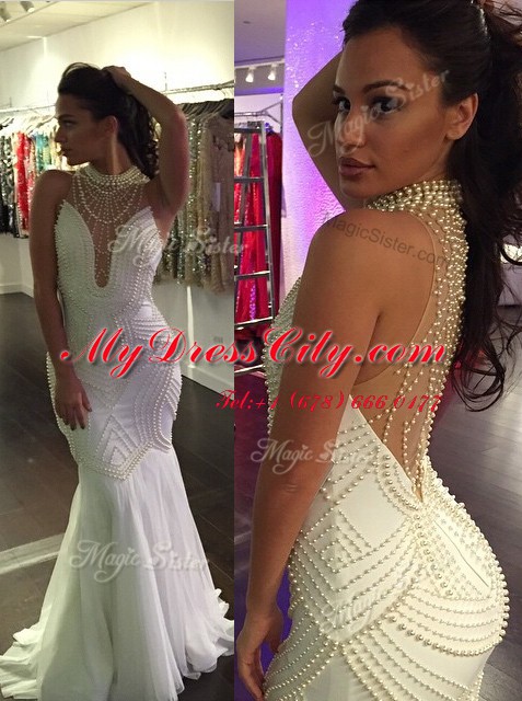 Discount Mermaid White Criss Cross High-neck Beading Prom Evening Gown Tulle Sleeveless Sweep Train