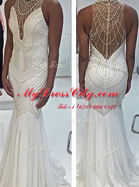 Discount Mermaid White Criss Cross High-neck Beading Prom Evening Gown Tulle Sleeveless Sweep Train