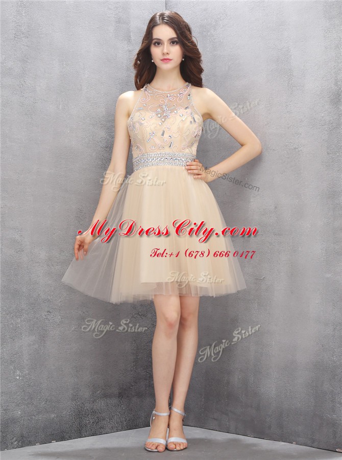 Scoop Tulle Sleeveless Knee Length Dress for Prom and Beading