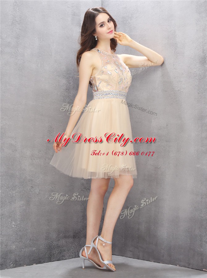 Scoop Tulle Sleeveless Knee Length Dress for Prom and Beading