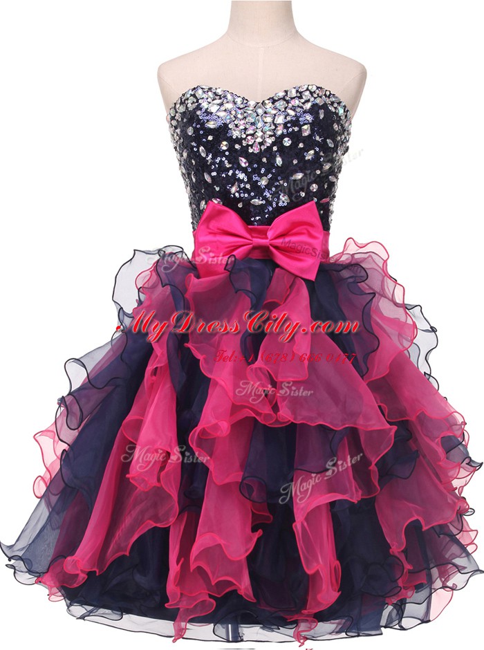 Multi-color Ball Gowns Organza Sweetheart Sleeveless Beading and Ruffles and Bowknot Knee Length Lace Up Prom Dresses