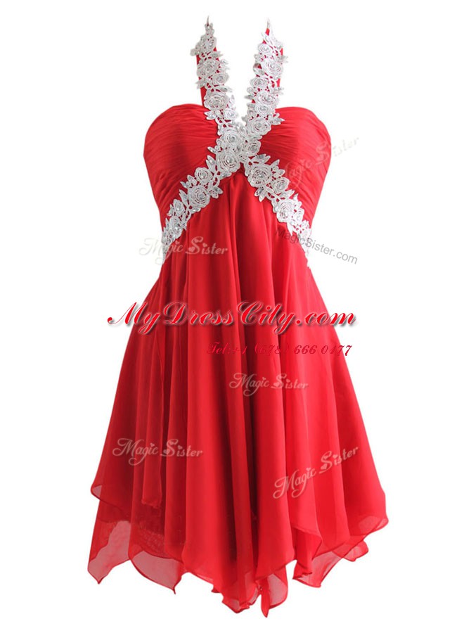 Custom Fit Knee Length Zipper Dress for Prom Red for Prom and Party with Appliques