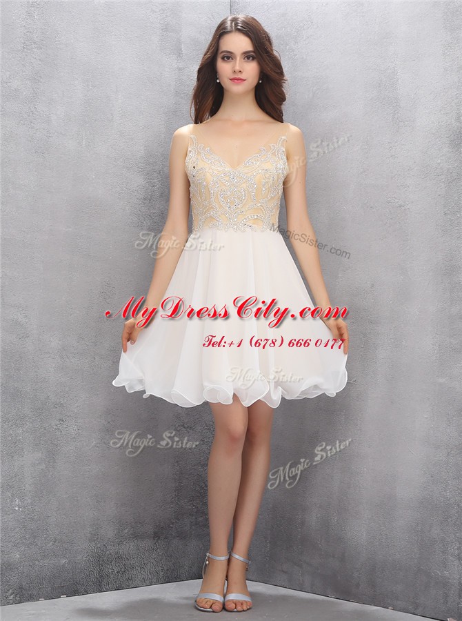 Champagne Chiffon Zipper V-neck Sleeveless Knee Length Prom Dress Beading