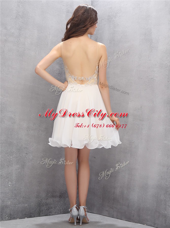 Champagne Chiffon Zipper V-neck Sleeveless Knee Length Prom Dress Beading