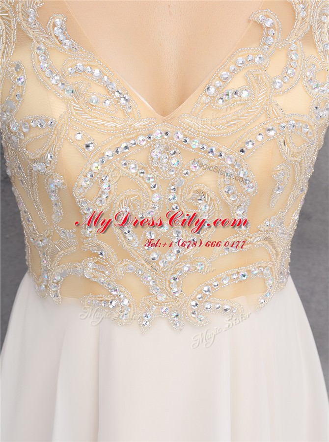 Champagne Chiffon Zipper V-neck Sleeveless Knee Length Prom Dress Beading