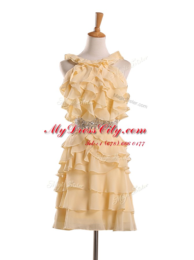 Gold Zipper Halter Top Beading and Ruffles Evening Dress Chiffon Sleeveless