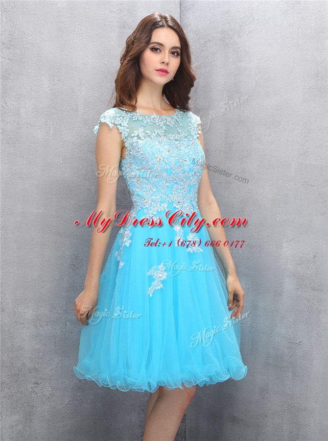 Superior Scoop Blue Organza Zipper Womens Party Dresses Cap Sleeves Knee Length Beading and Appliques