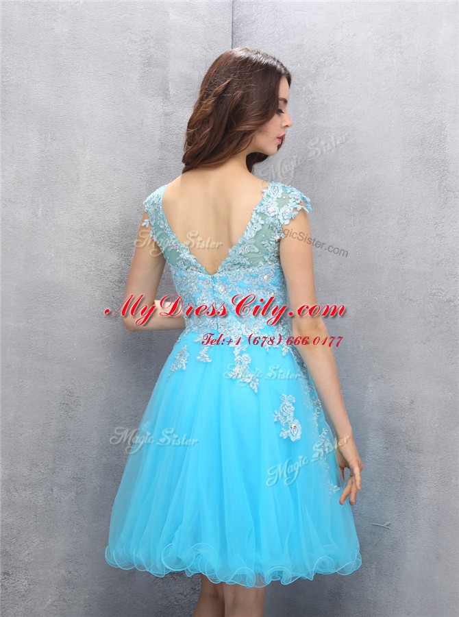 Superior Scoop Blue Organza Zipper Womens Party Dresses Cap Sleeves Knee Length Beading and Appliques