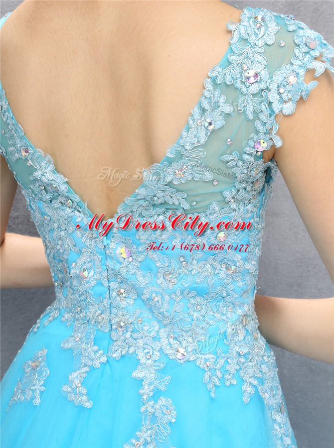 Superior Scoop Blue Organza Zipper Womens Party Dresses Cap Sleeves Knee Length Beading and Appliques