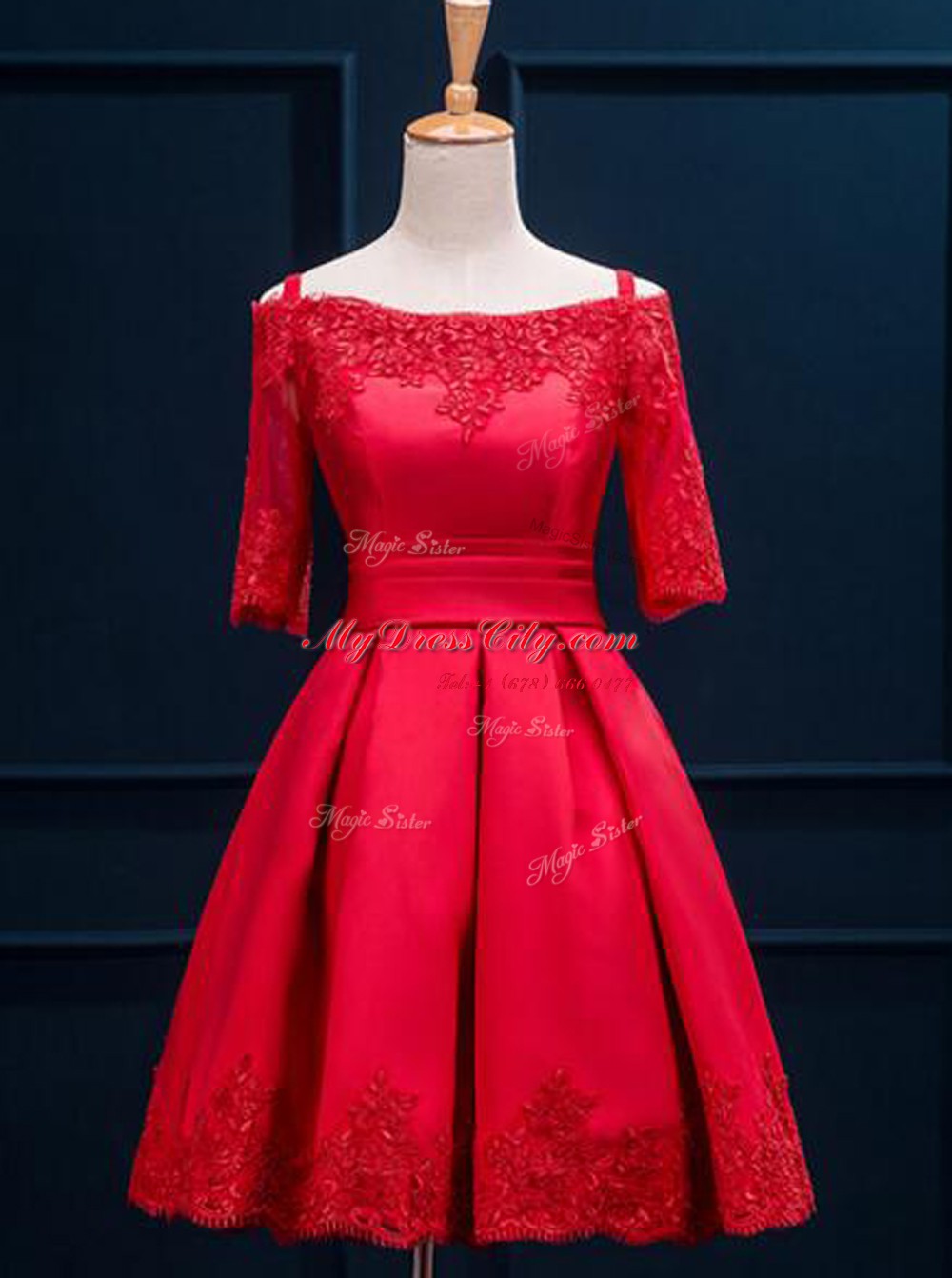 Satin Off The Shoulder Half Sleeves Lace Up Appliques and Pleated Prom Evening Gown in Red