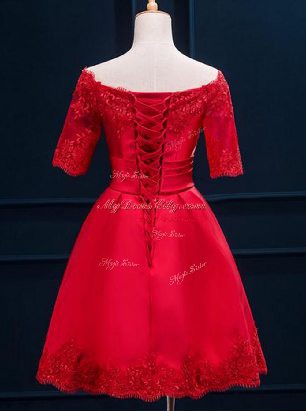 Satin Off The Shoulder Half Sleeves Lace Up Appliques and Pleated Prom Evening Gown in Red