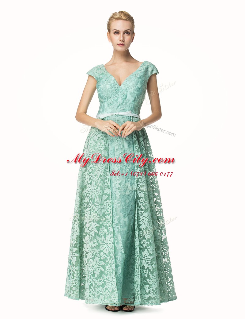 Adorable Pleated Turquoise Cap Sleeves Lace Zipper Prom Dress for Prom and Party