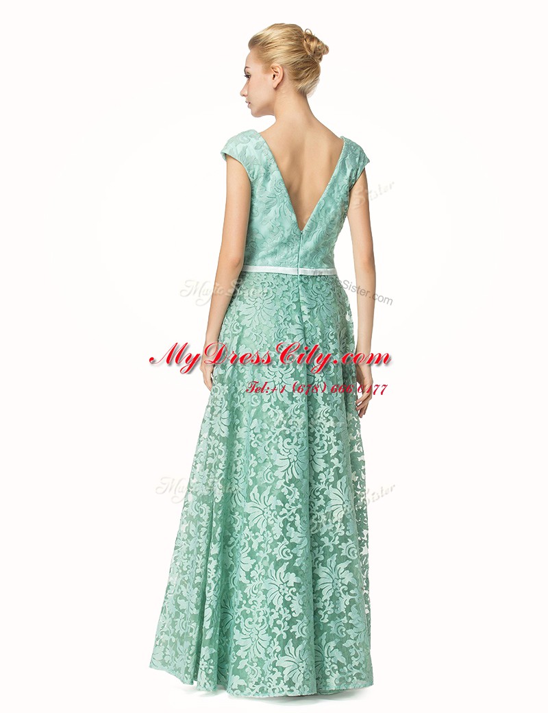 Adorable Pleated Turquoise Cap Sleeves Lace Zipper Prom Dress for Prom and Party