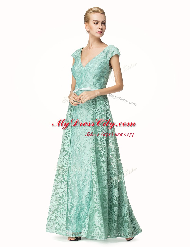 Adorable Pleated Turquoise Cap Sleeves Lace Zipper Prom Dress for Prom and Party