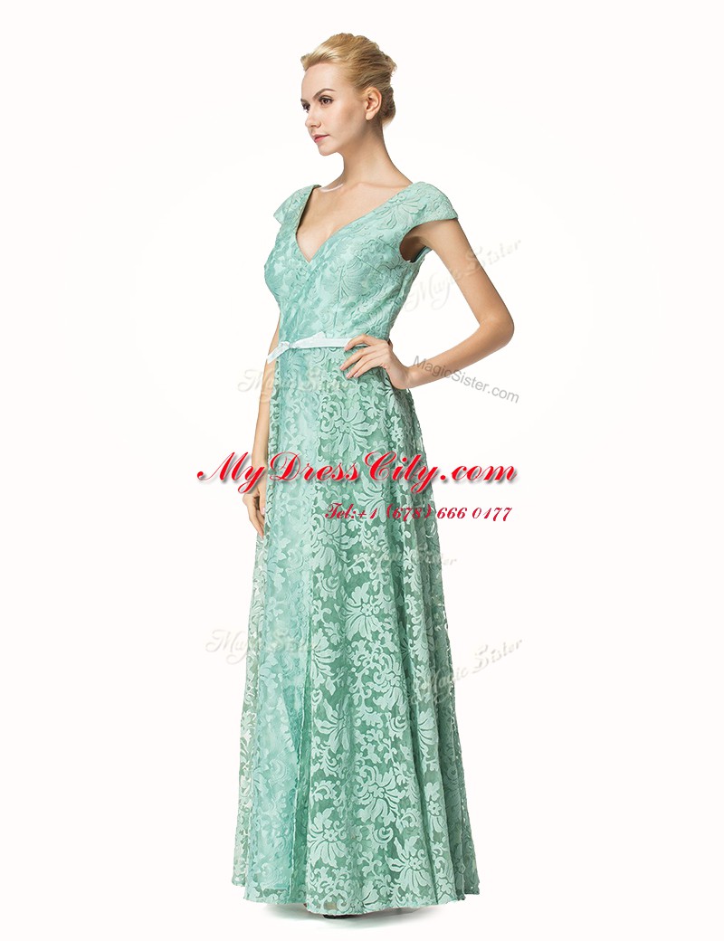 Adorable Pleated Turquoise Cap Sleeves Lace Zipper Prom Dress for Prom and Party