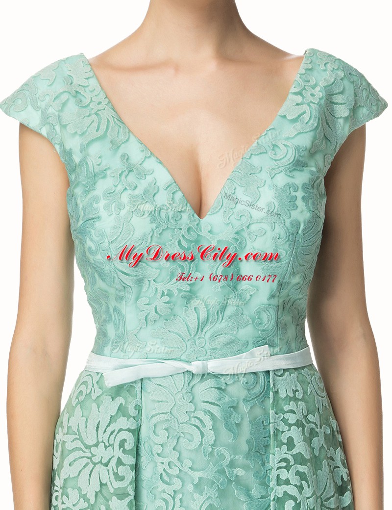 Adorable Pleated Turquoise Cap Sleeves Lace Zipper Prom Dress for Prom and Party