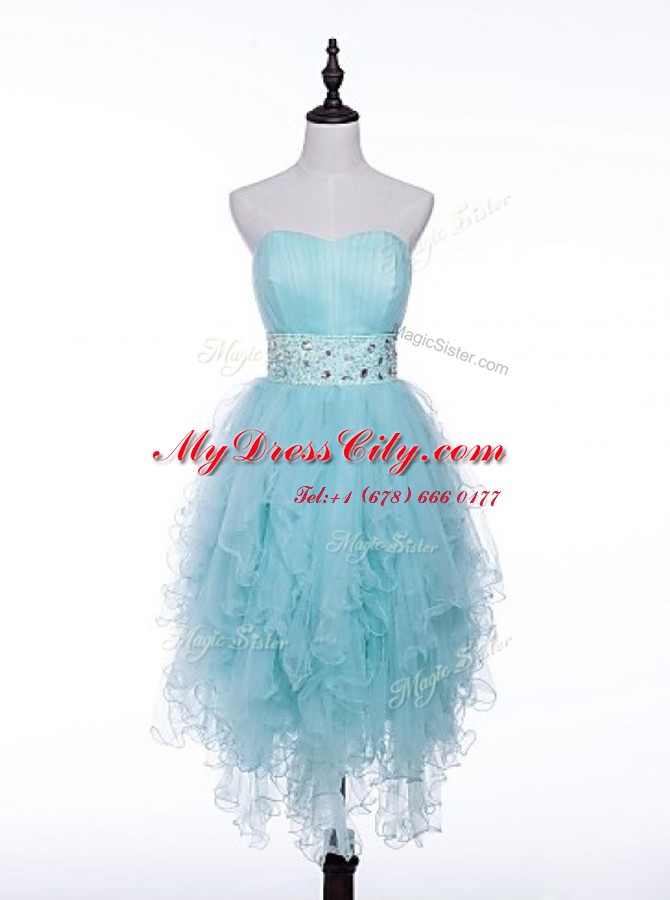 Light Blue A-line Tulle Sweetheart Sleeveless Beading Asymmetrical Zipper Prom Dresses