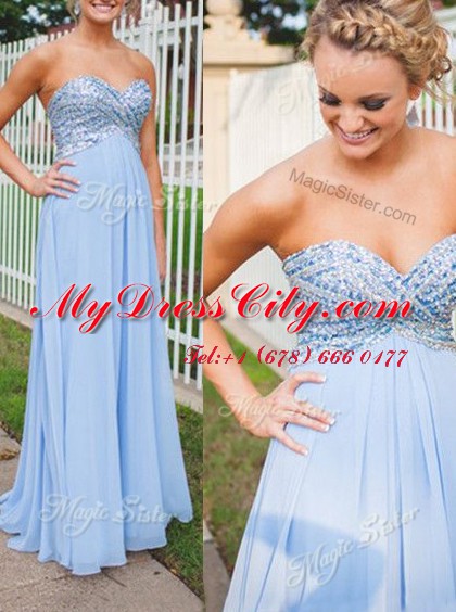 Light Blue Backless Sweetheart Beading Prom Dresses Chiffon Sleeveless