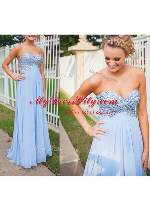 Light Blue Backless Sweetheart Beading Prom Dresses Chiffon Sleeveless