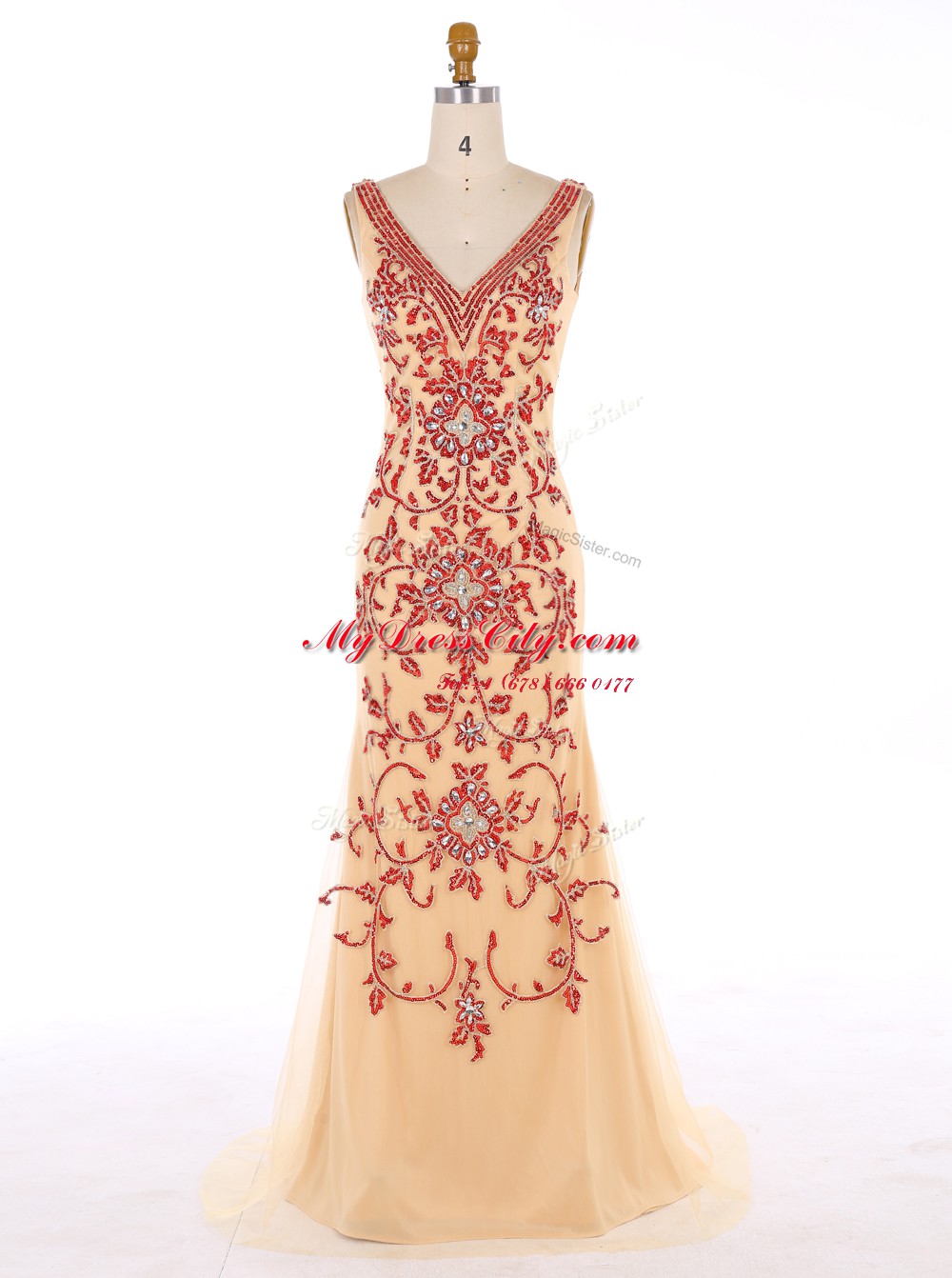 Traditional Mermaid Champagne Zipper Prom Gown Beading and Embroidery Sleeveless With Train Sweep Train