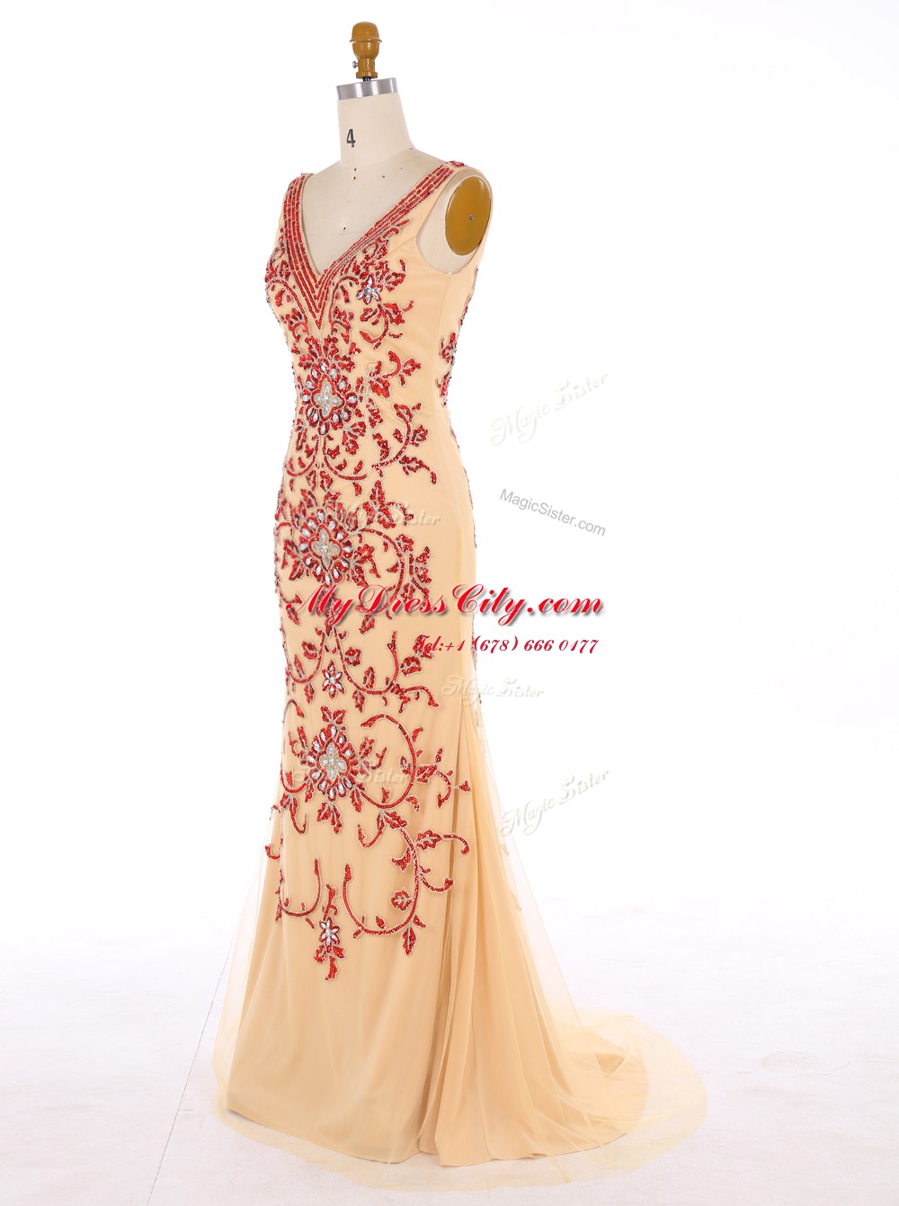 Traditional Mermaid Champagne Zipper Prom Gown Beading and Embroidery Sleeveless With Train Sweep Train