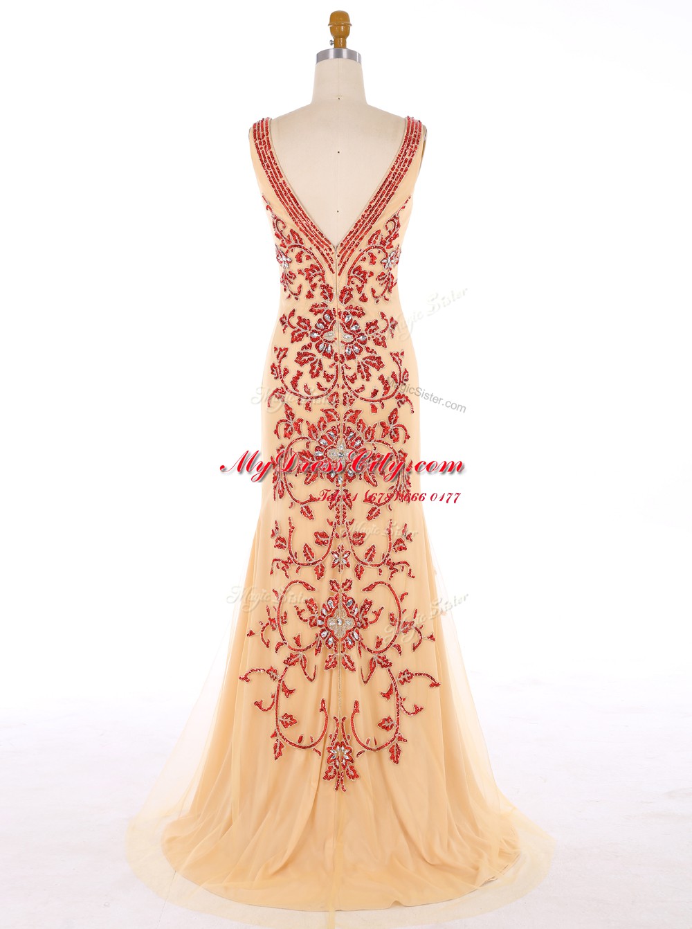 Traditional Mermaid Champagne Zipper Prom Gown Beading and Embroidery Sleeveless With Train Sweep Train