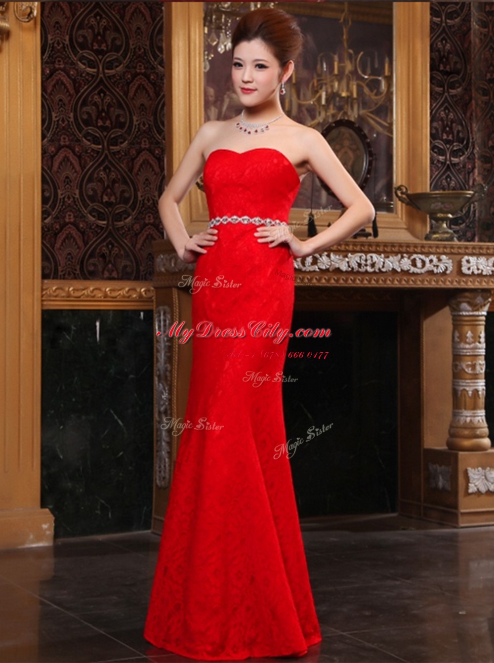 Fancy Mermaid Red Sleeveless Lace Zipper Evening Dress for Prom and Party