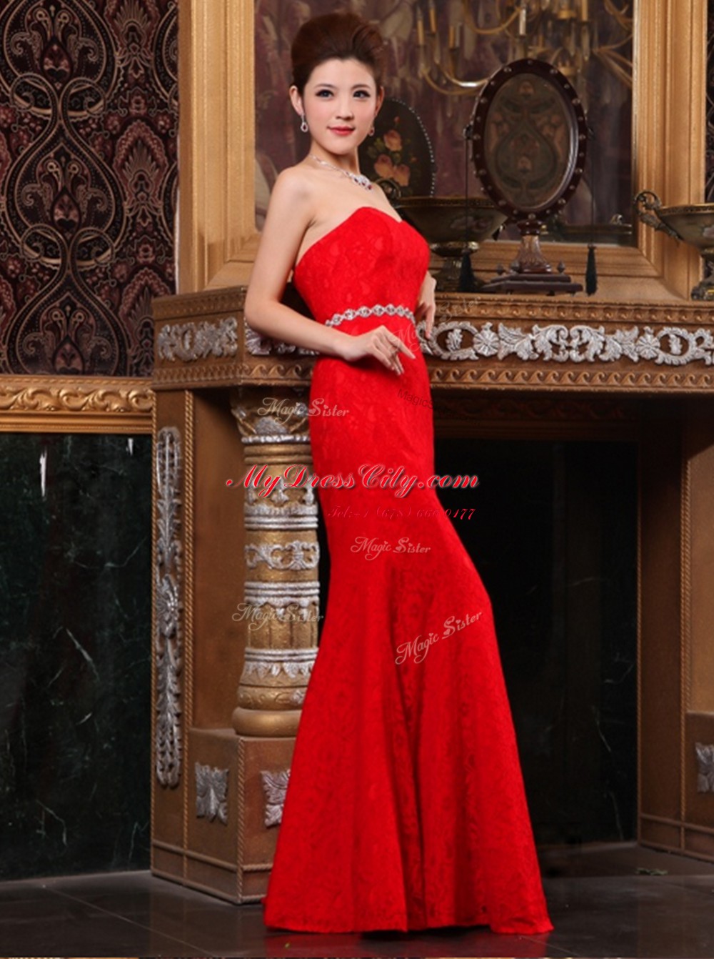 Fancy Mermaid Red Sleeveless Lace Zipper Evening Dress for Prom and Party