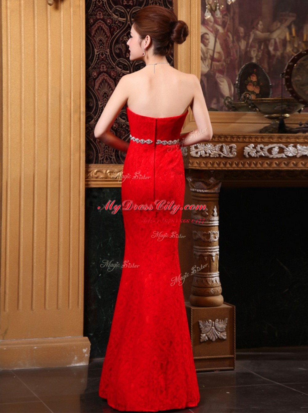 Fancy Mermaid Red Sleeveless Lace Zipper Evening Dress for Prom and Party