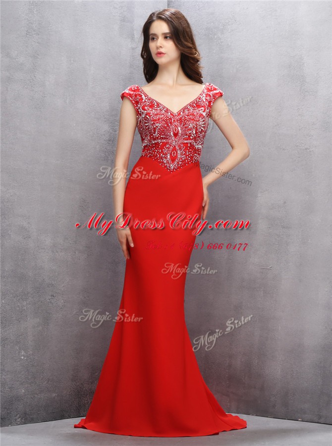 Custom Design Mermaid Red Zipper V-neck Beading and Sequins Prom Dresses Chiffon Sleeveless Sweep Train