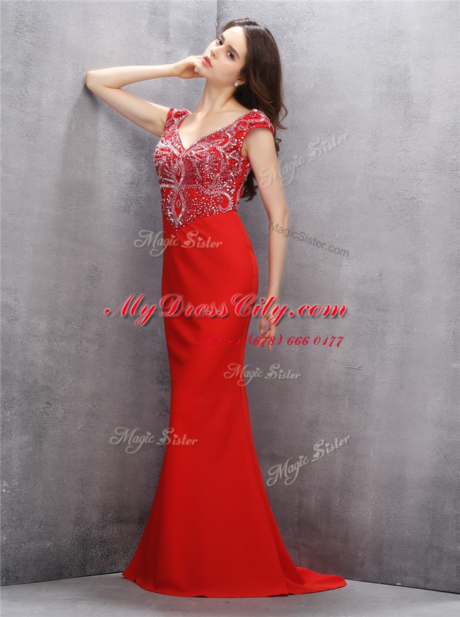 Custom Design Mermaid Red Zipper V-neck Beading and Sequins Prom Dresses Chiffon Sleeveless Sweep Train