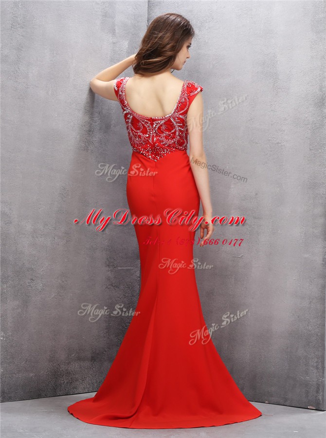 Custom Design Mermaid Red Zipper V-neck Beading and Sequins Prom Dresses Chiffon Sleeveless Sweep Train