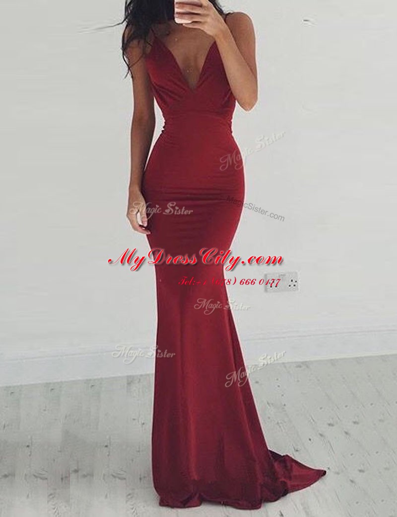 High Quality Mermaid Burgundy Dress for Prom V-neck Sleeveless Brush Train Backless