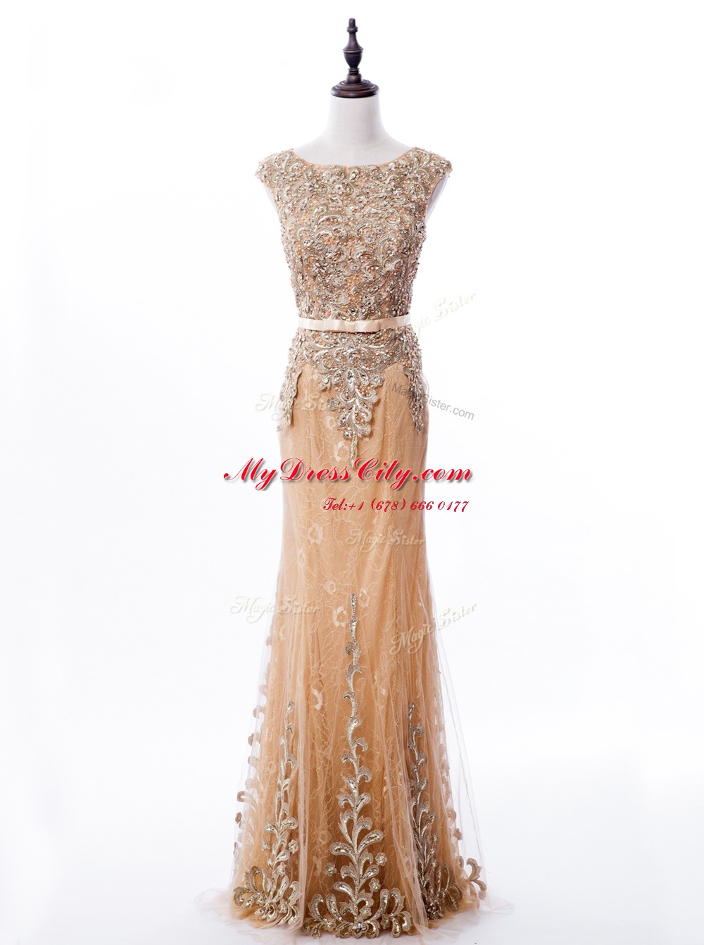 Best Selling Mermaid Gold Lace Zipper Scoop Sleeveless Prom Gown Brush Train Beading