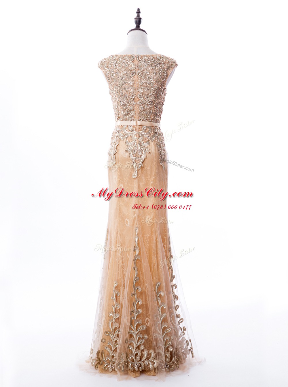 Best Selling Mermaid Gold Lace Zipper Scoop Sleeveless Prom Gown Brush Train Beading