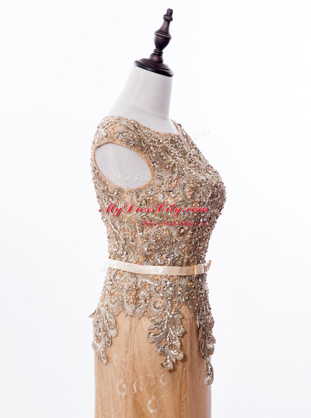 Best Selling Mermaid Gold Lace Zipper Scoop Sleeveless Prom Gown Brush Train Beading